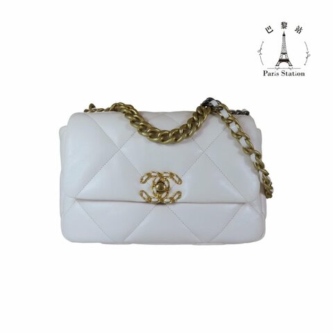 【巴黎站二手名牌專賣店】＊現貨＊CHANEL香奈兒真品＊經典19 Bag 26cm 小號 小羊皮雙色鏈帶口蓋包 肩背斜背包