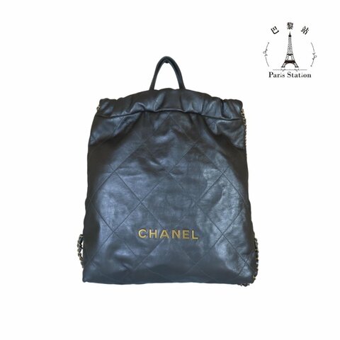 【巴黎站二手名牌專賣店】＊現貨＊CHANEL香奈兒真品＊經典 22 Bag 槍灰色亮面小牛皮金字鏈條 束口雙肩後背包