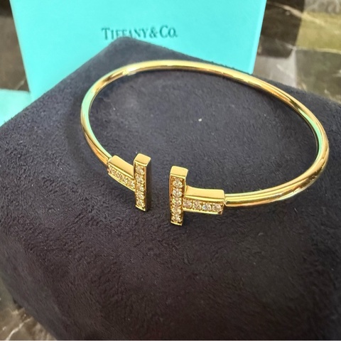 Tiffany & Co. 蒂芬妮 T Wire 18k金 鑲鑽手環 手鐲 中號