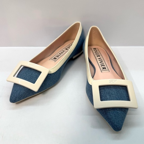ROGER VIVIER 方扣牛仔平底鞋 白色/藍色  #36
