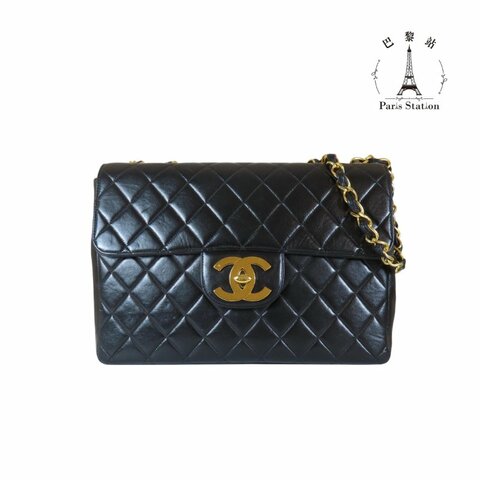 【巴黎站二手名牌專賣店】＊現貨＊CHANEL香奈兒真品＊Vintage 經典黑菱格紋小羊皮大金雙C扣單蓋鏈帶包 JUMBO (古董包)