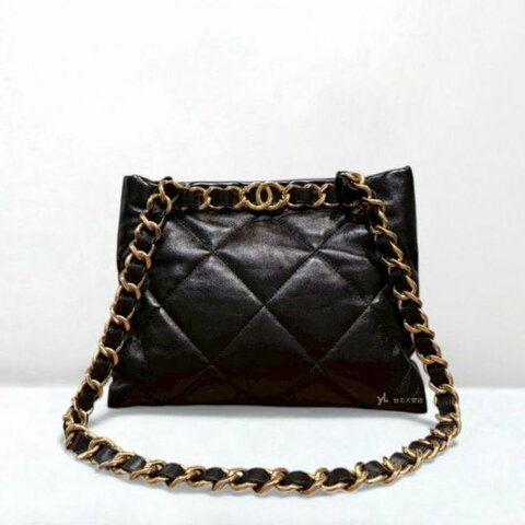 A12890-CHANEL 黑色牛皮復古金粗鏈肩背包AS3502