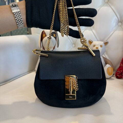 CHLOE 麂皮拼接牛皮小豬包 黑色