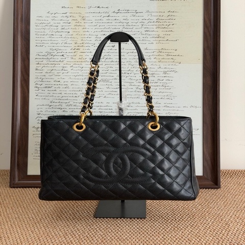 CHANEL 香奈兒 GST 黑金荔枝牛皮托特包 14開