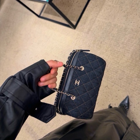 香奈兒/Chanel 深藍色金扣牛仔保齡球包手提包單肩包斜挎包 芯片款 底長19cm