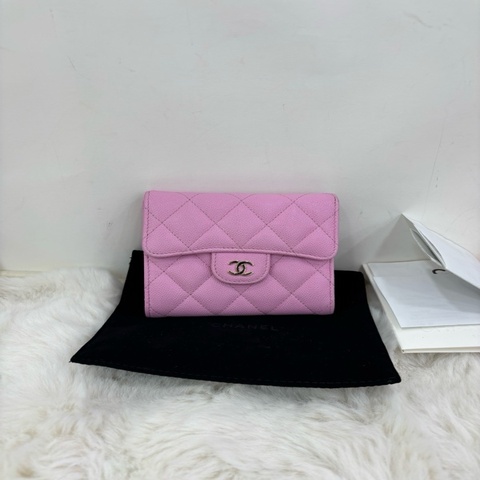 Chanel 香奈兒 23P粉色荔枝皮金扣CF錢包，三折對折錢包，可自行加鏈條改斜挎包 芯片