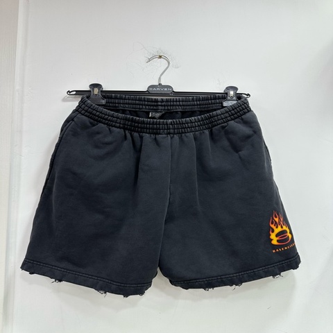 Balenciaga 24ss 火焰雙環短褲 巴黎世家做舊水洗刺繡logo運動短褲 S碼