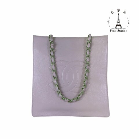 【巴黎站二手名牌專賣店】＊現貨＊CHANEL香奈兒真品＊ 淡粉紫 亮面揉褶牛皮 浮雕大雙C LOGO 直式托特包 購物袋