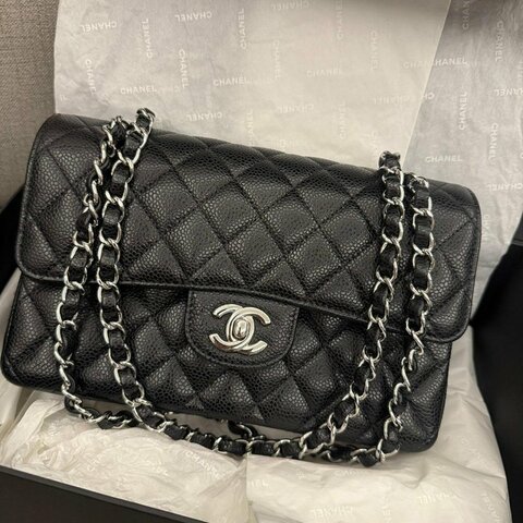 *SHIHNA名牌精品* CHANEL CF 23 荔枝牛皮黑銀 釦斜背包/肩背包 (芯片款)