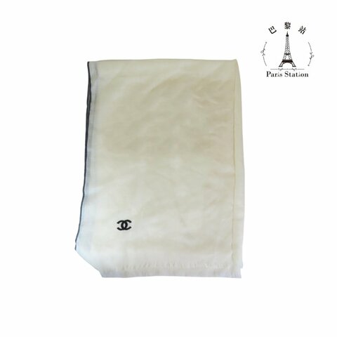 【巴黎站二手名牌專賣店】＊現貨＊CHANEL 香奈兒 真品＊經典刺繡雙C LOGO 滾黑邊 真絲羊絨混紡 圍巾 披肩
