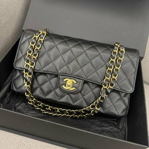 *SHIHNA名牌精品*CHANEL CF 25荔枝牛皮黑金釦斜背包/肩背包 (30開保卡款)