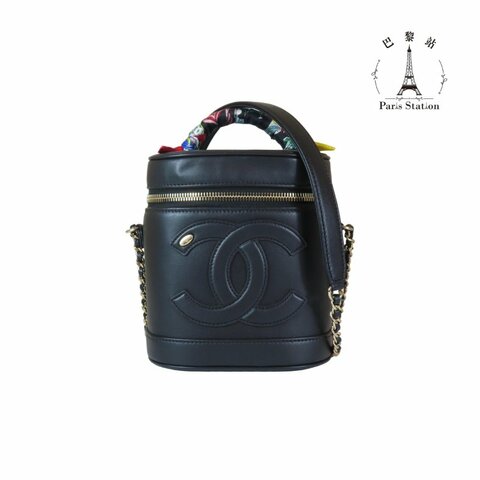 【巴黎站二手名牌專賣店】＊現貨＊CHANEL香奈兒真品＊AS0323 經典大雙C縫線標誌 滑面皮革 圓筒手提包 斜背鏈條 化妝箱包