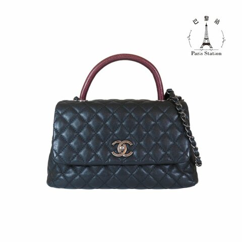 【巴黎站二手名牌專賣店】＊現貨＊CHANEL香奈兒真品＊Coco Handle 經典黑荔枝紋牛皮 雙C菱格紋 深紅提把 手提包 斜背包