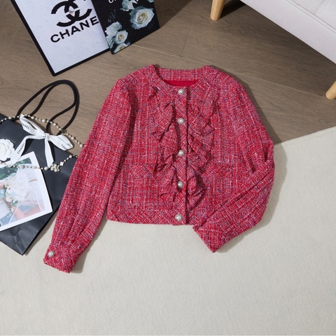 Chanel Tweed珍珠扣荷葉邊短外套