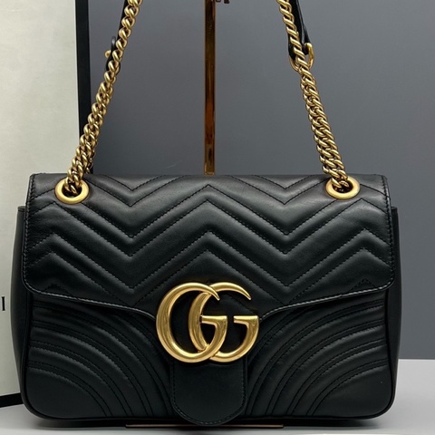 Gucci古馳 黑金全皮marmont馬蒙30大號鏈條包