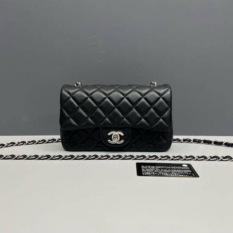 Chanel香奈兒 黑銀全皮cf大mini鏈條包 鐳射24開98新
