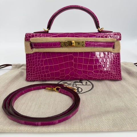 Hermès Mini Kelly II 20 Shiny Rose Scheherazade Niloticus Crocodile Gold Hardware