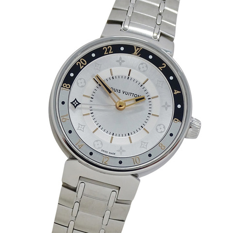 路易威登 (Louis Vuitton) 女士腕錶，Tambour Moon 雙時區，石英機芯，不鏽鋼錶殼 (QA104)，銀色