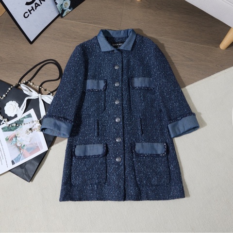 Chanel Tweed深藍牛仔拼接長款外套