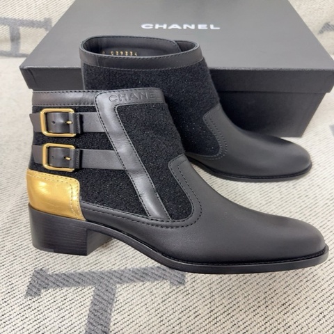 【全新品】Chanel 香奈兒員購黑金拼接切爾西靴 38碼 黑色小牛皮＋金色皮革拼接