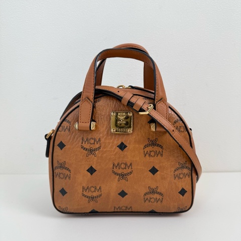 MCM 乾邑色 老花 蘋果包手提包單肩包斜挎包 金扣 附件：肩帶