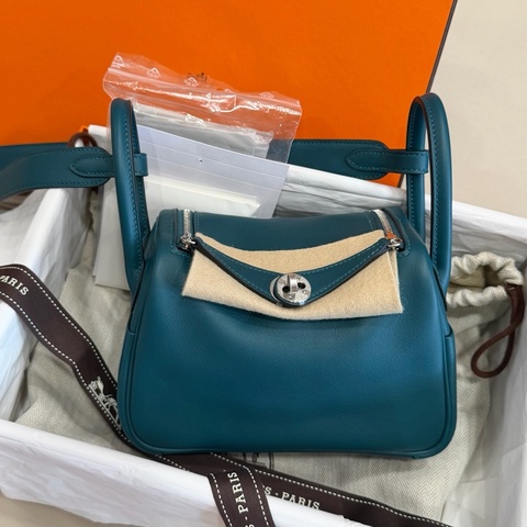 99新Hermes愛馬仕W0博斯普魯斯綠銀扣y刻 mini lindy斜挎包swift皮 附件：防塵袋 盒子