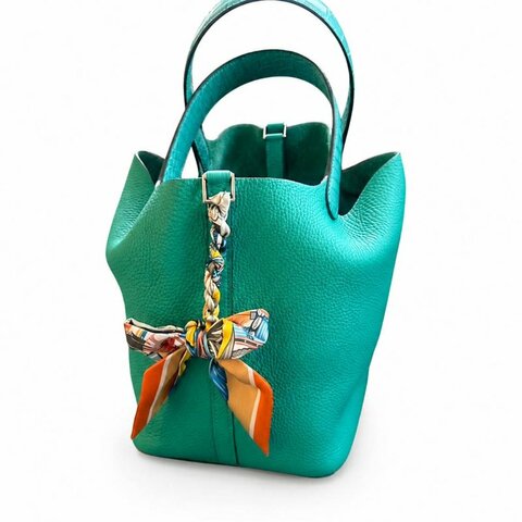 HERMES 薄荷綠 Picotin 22菜籃子拚鱷魚皮(美洲短吻鱷)手把# Z刻