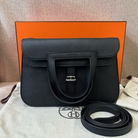 愛馬仕 Hermes Halzan25黑銀哈喇子 手提包斜挎包 tc皮