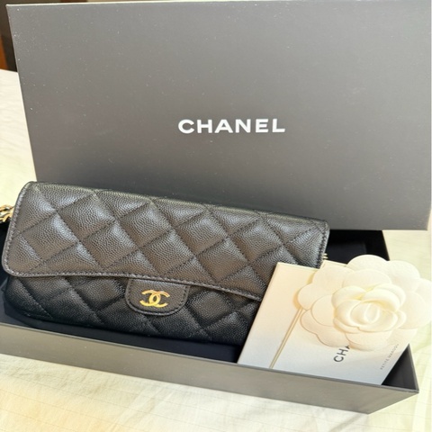 💖Chanel 斜背包 錢包 黑色金釦 荔枝皮💖