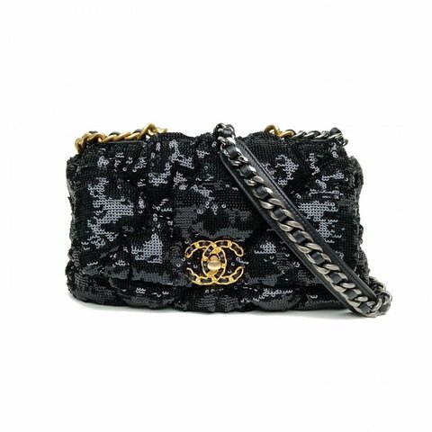 CHANEL 19BAG口蓋包小號黑色珠片30開金銀扣亮片款肩背包