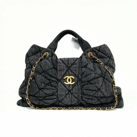 CHANEL 黑色牛仔晶片開金扣蝴蝶結鏈條包大號肩背包