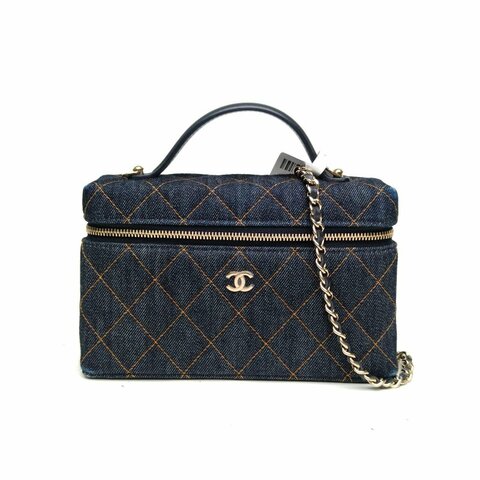 CHANEL 深藍色牛仔鐳射標淺金扣26Plp飯盒包肩背包