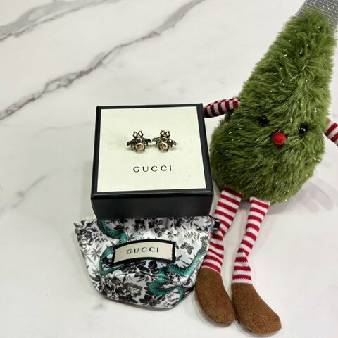 GUCCI 珍珠水鑽蜜蜂針式耳環