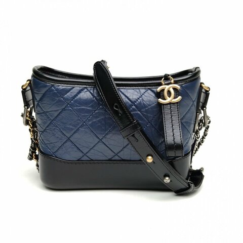 CHANEL GABRIELLE流浪小號藍色牛皮革27開金銀扣肩背包