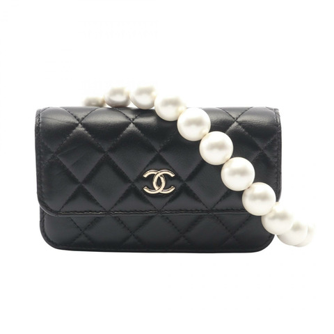 香奈兒 (CHANEL) 絎縫珍珠鏈肩包皮夾 AP1838 黑色皮革金色五金二手