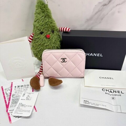 CHANEL 荔枝皮櫻花粉拉鍊零錢包