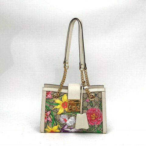GUCCI Padlock鎖頭包Tote小號花卉印花白色PVC金扣肩背包
