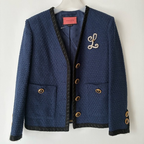 Gucci 立體珍珠L 深藍黑邊外套+裙 36