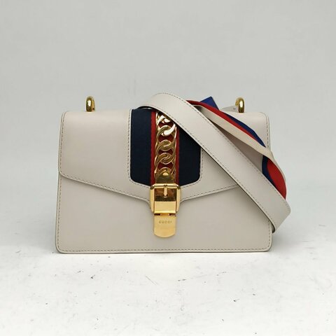 GUCCI Sylvie塞爾維亞絲帶包小號白色牛皮革金扣肩背包