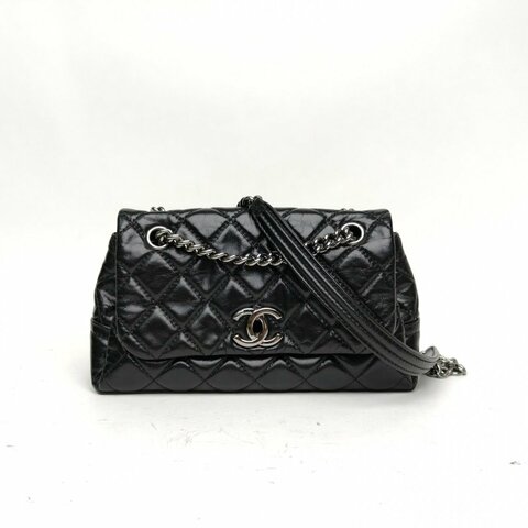 CHANEL 黑色羊皮革20開銀扣CF元寶鏈條包肩背包