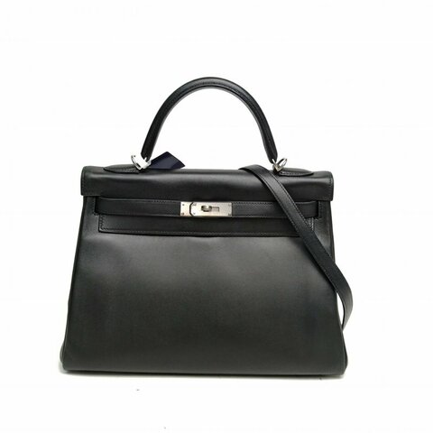HERMES Kelly32黑色Jonathan皮C刻銀扣肩背包