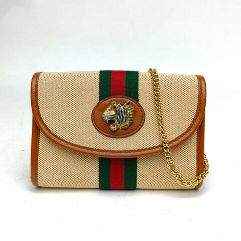 GUCCI 拼色帆布金扣虎頭rajah系列鏈條包肩背包