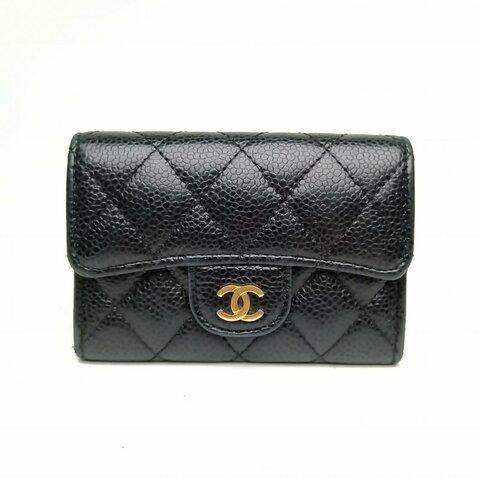 CHANEL CF短款口蓋錢包黑色荔枝牛皮革27開金扣肩背包