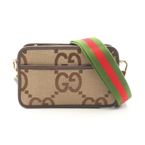 GUCCI Jumbo GG迷你單肩斜背包 696075 帆布皮革 米色 二手