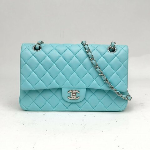 CHANEL CF口蓋包中號藍色羊皮革27開銀扣19開肩背包