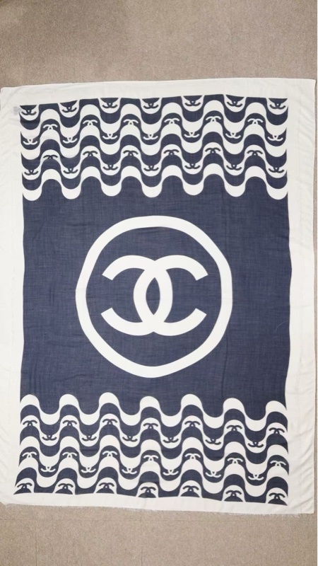 Chanel 21P 蓝白海浪满cc logo波纹真丝羊绒方巾围巾披肩丝巾