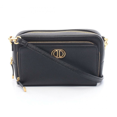 Christian Dior Caro 雙口袋肩背斜背包，黑色皮革，二手女款