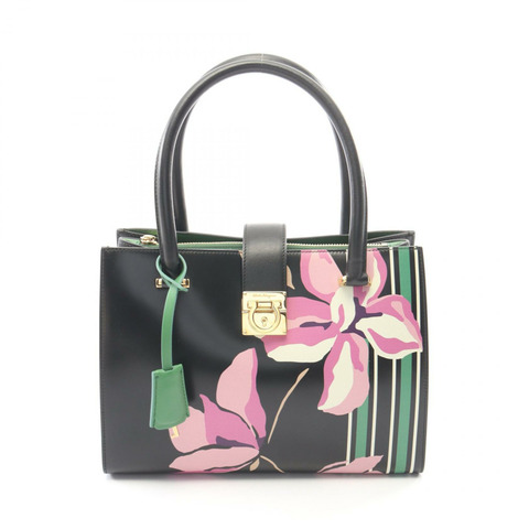 Salvatore Ferragamo Gancini 花卉手提包，黑色多色皮革，二手女款