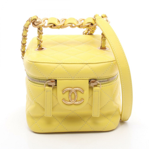 香奈兒 (CHANEL) 絎縫鏈條斜背包 AS3228 皮革 黃色 二手 金色五金