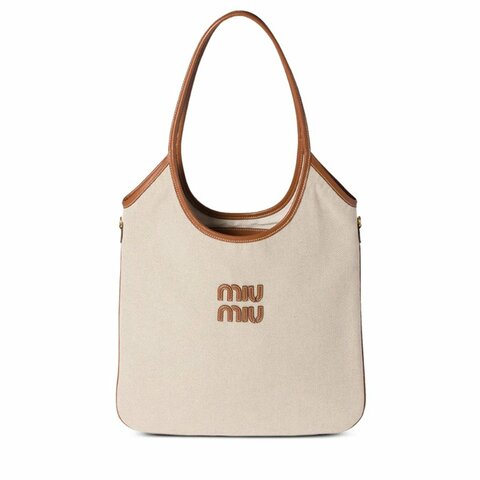🖤 鑒定師的收藏 🖤 Miu Miu Ivy 白蘭地酒棕皮革拼接米色帆布托特包 立體 Logo Hobo Miu Miu Ivy Canvas & Leather Bag - Beige/Brandy